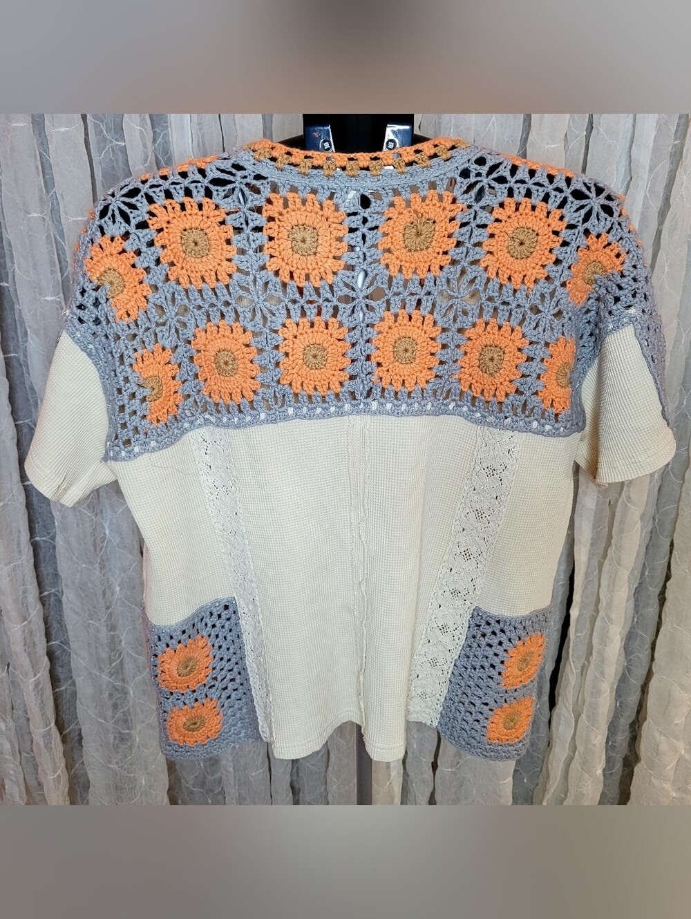 Oli & Hali Cream Orange Mixed Media Crochet Granny Square Waffle Knit Top M - Picture 6 of 9